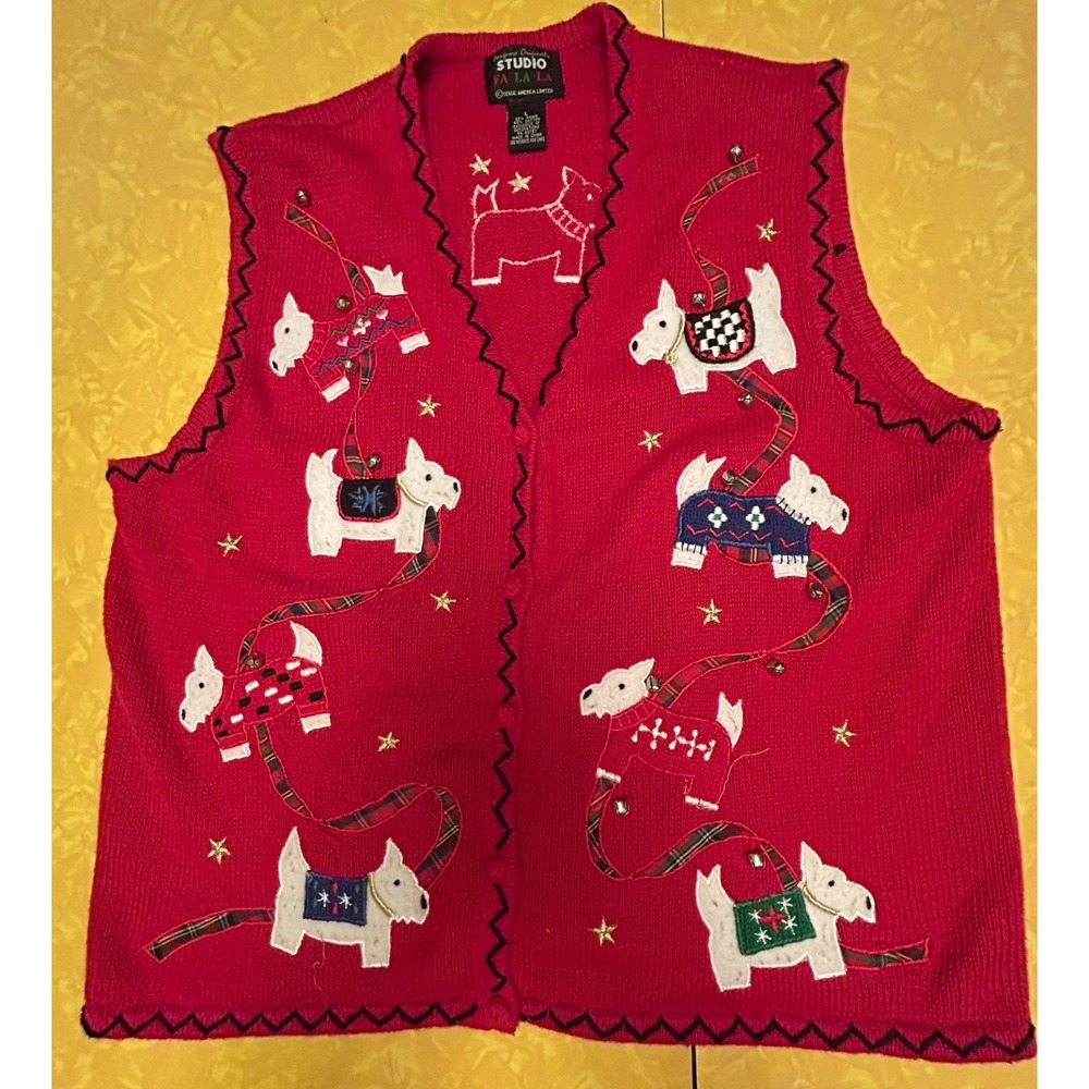 VTG Studio Fa La La Christmas Vest Dogs Womens L Grandmacore Ugly